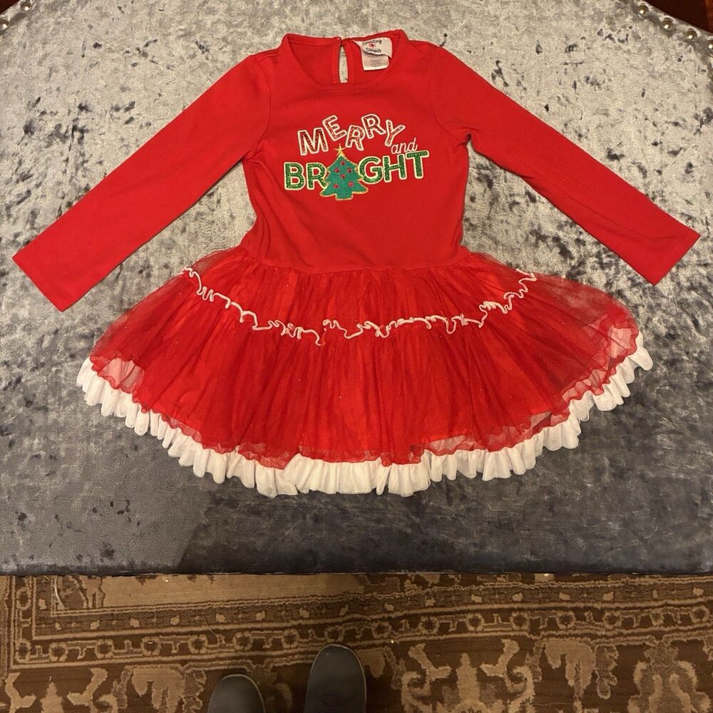 Counting Daisies girls Christmas red dress with MERRY AND BRIGHT . Size 4T